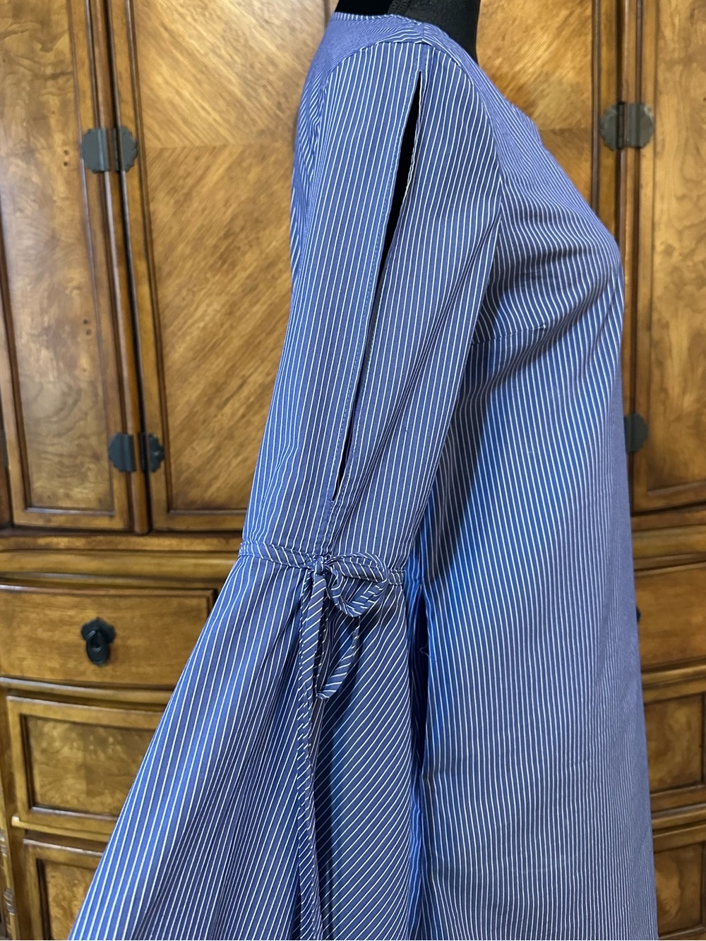 Socialite Blue White Pinstripe Mini Shift Dress Tunic Bell Sleeve Pockets M - Picture 3 of 12
